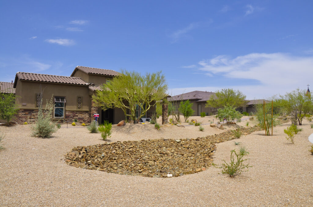 Xeriscaping for Water Conservation in Arizona. Done by Straight Line Landscape.
